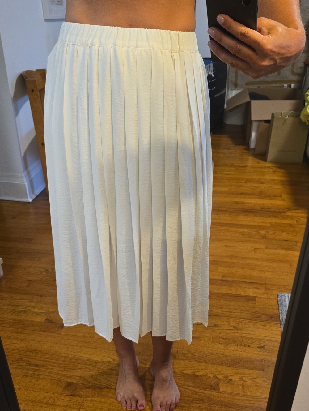 H&M Cream Pleated Midi Skirt with Elastic Waistband